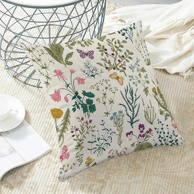 AEIOAE Spring Pillow Covers 24x24 Inch Set of 2,Sage Green Teal Wild Flower Plant Throw Pillows Case,Seasonal Floral Outdoor Decorative Linen Farmhouse Decor Cushion Covers for Home Sofa Bed Couch