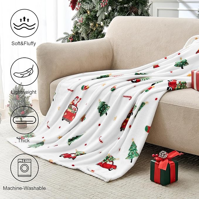 Christmas Blanket - White Holiday Throw with Santa Claus & Snowman - Warm Cozy Fleece Winter Blanket, 50x60 Inches，White