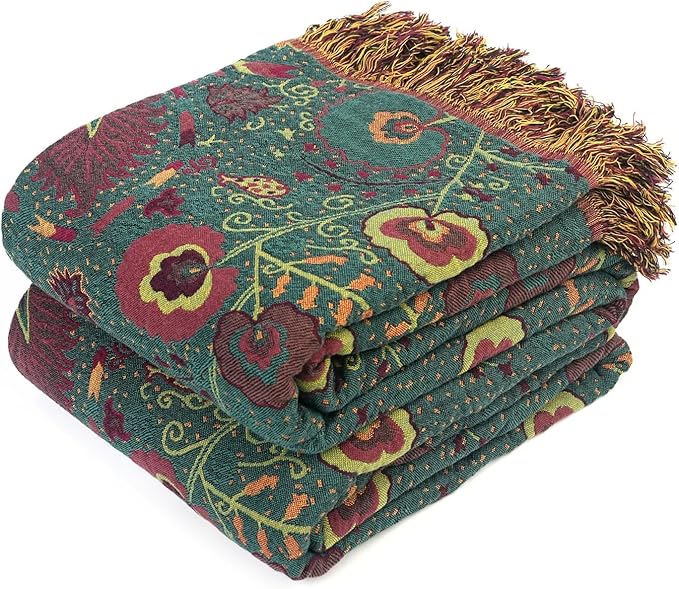 Boho Throw Blanket for Bed 100% Cotton Soft Quilt Home Livingroom Decor Spring Bed Blankets,Floral Reversible All Season Breathable Throw for Sofa Couch Chair 80"x90"