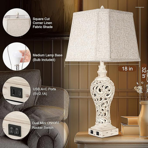 32" Tall Table Lamps Set of 2 - Bedside Lamp with Fabric Shades - for Bedroom and Living Room with USB and Nightlight - Perfect for Nightstands and Bedrooms - Bulbs Included