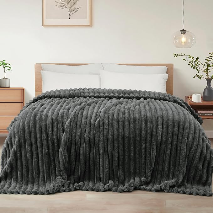 Exclusivo Mezcla Twin Size Flannel Fleece Blanket, Super Soft Striped Jacquard Bed Blanket, Lightweight Fuzzy Cozy for All Seasons, 60x80 Inches, Dark Grey
