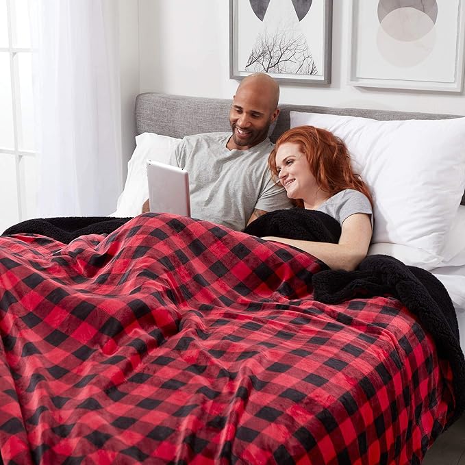 Genteele Sherpa Throw Blanket Super Soft Reversible Ultra Luxurious Plush Blanket, 102 x 90 inches, Buffalo Check Red/Black