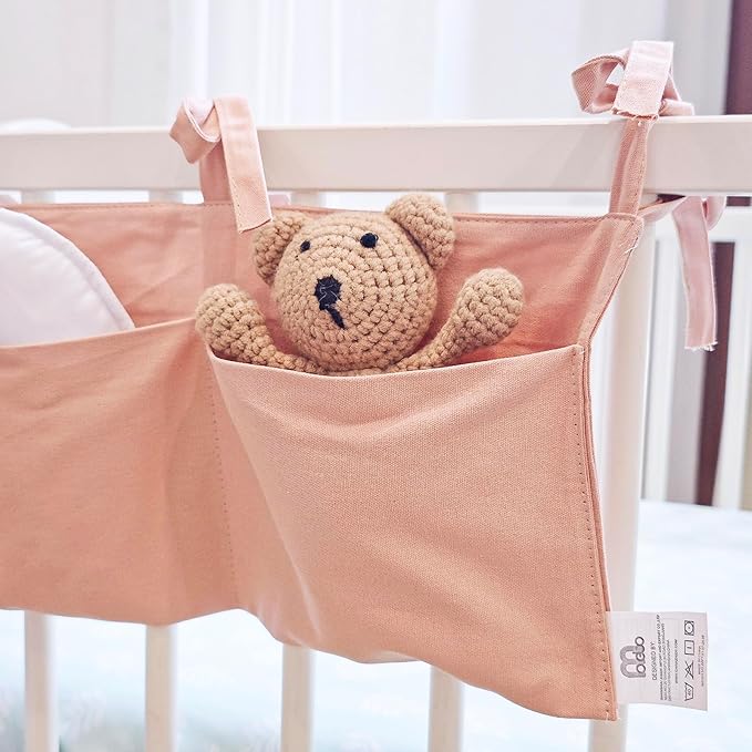 Baby Bedside Hanging Storage Bag - 2-Pocket Bedside Storage with High Capacity for Diapers & Essentials, Space-Saving Hanging Nursery Organizer 5 Colors Available (Pink)