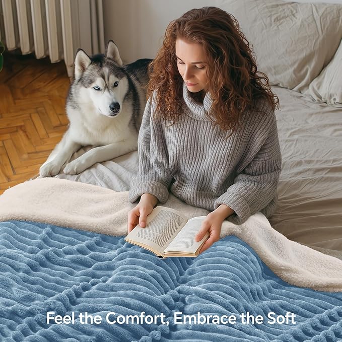 INFIIXSO Sherpa Fleece Queen Size Blanket - Super Soft & Warm Striped Fleece, Cozy Plush Fluffy Large Bed Blanket All Season Use (Light Blue, 90x90 Inches)