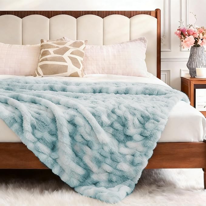 Ultra Soft Luxury Faux Fur Twin Blanket for Couch, Fuzzy Fluffy Plush Warm Cozy Ruched Blanket for Sofa Bedroom Living Room, Elegant Gift Idea for Women (60"x80",Tie-dye Freshwater Blue)