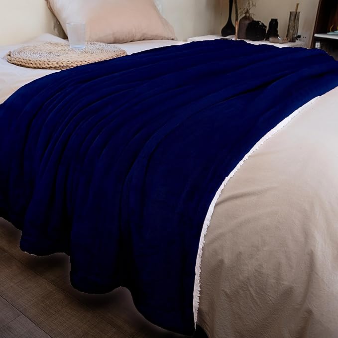 K.Garden Sherpa Fleece Throw Blanket for Couch Sofa, Super Soft Cozy Fuzzy Plush Blankets Fleece Thick Warm Blanket for Winter Reversible Thick Warm Blanket for Bed, Sofa, Navy 6080