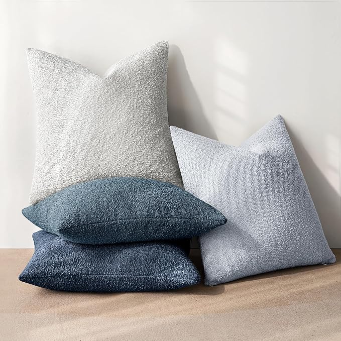 MIULEE Pack of 4 Decorative Textured Boucle Throw Pillow Covers 20x20 Inch Neutral Blue Accent Solid Pillow Cases Couch Cushion Covers for Modern Farmhouse Boho Bed Livingroom Home Decor