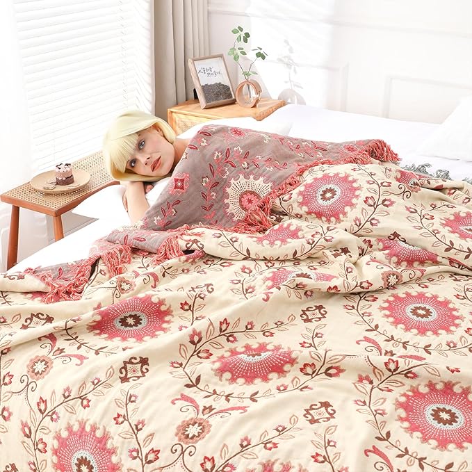 Snycler Boho Throw Blanket for Bed - 100% Cotton Ultra Soft Rustic Quilt - Pink Boho Floral Printed Farmhouse Decor Bed Blankets, 60"×80" All Season Rustic Throw for Sofa Couch Chair