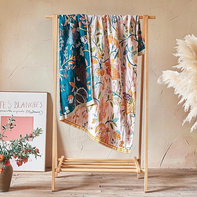 Boho Throw Blanket - 90"x108" 100% Cotton Ultra Soft Lightweight Blanket, 4-Layer Breathable Muslin Spring Blankets for Bed Couch, Reversible Green Floral Printed Bohemian Cotton Quilt