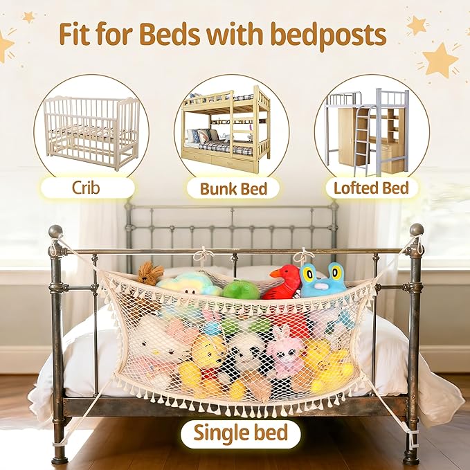 2 Pack Stuffed Animal Storage Net, Large Bedside Toy Organizer Net, Cotton Plushie Toy Storage Hammock with Tether for Stuffed Animals Playroom Organization