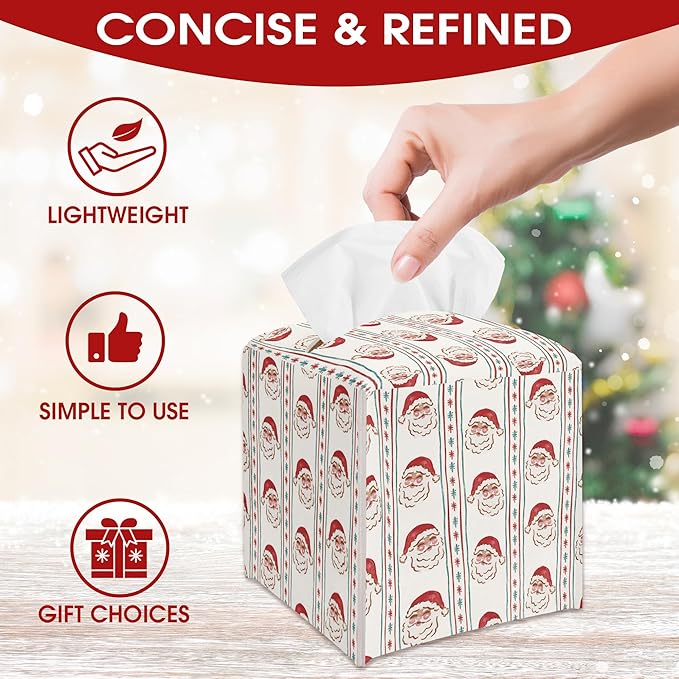 Santa Claus Leather Tissue Box Cover Holder, Red Green Stripe Tissue Box Cover Square, Xmas Gift Ideas for Family Friends, Bathroom Kitchen Car Office Home Table Decor(5.2 Inches)-B12