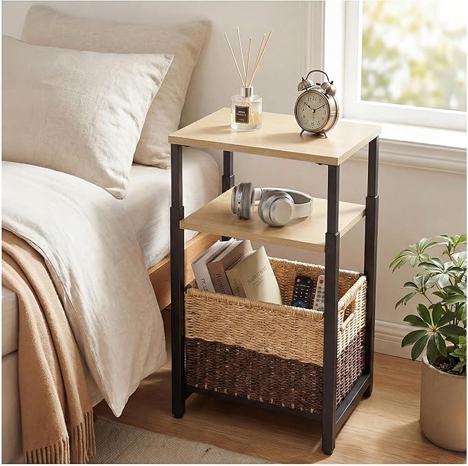 Side Table with Storage Basket and Adjustable Height, Small End Table with Modern Design for Living Room, Bedroom Nightstand Bedside Table for Small Spaces (Light Brown + Classic Black)