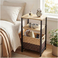 Side Table with Storage Basket and Adjustable Height, Small End Table with Modern Design for Living Room, Bedroom Nightstand Bedside Table for Small Spaces (Light Brown + Classic Black)