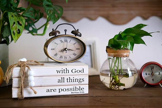 LIVDUCOT Farmhouse Wooden Decor Book Stack | Rustic Faux Book Stacks | With God All Things Are Possible Sign