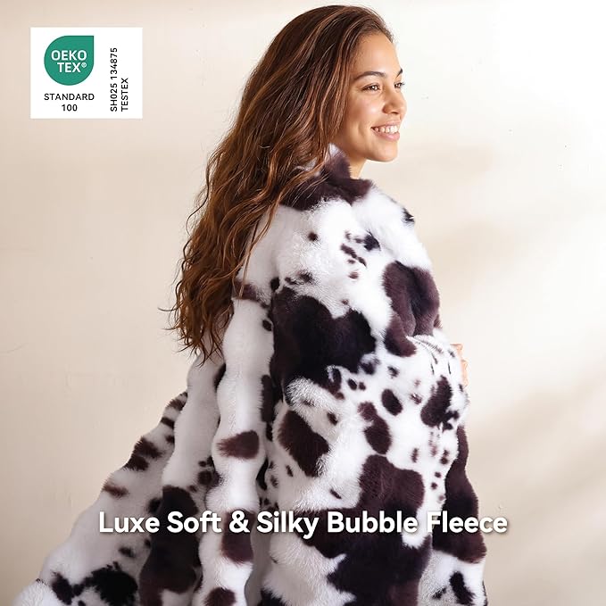 Smoofy Faux Fur Throw Blanket for Couch – Cow Print Fluffy Cozy Rabbit Fleece, Plush Soft Bubble Blanket for Sofa & Bed, Gifts for Mom, Warm Fuzzy Home Room Decor Throw 60" x 80"