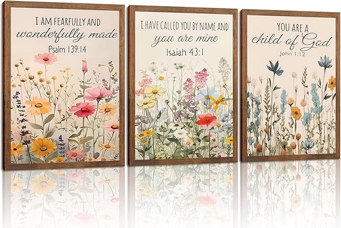 Christian Floral Bible Verse Wall Art Set of 3, Flower Canvas Wall Decor, Steadfast Love Of Lord Religious Faith Posters Prints for Prayer Room Living Room Bedroom Home Decoration 12x16in Wood Framed