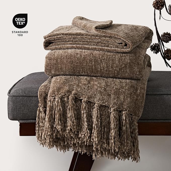 EVERGRACE Soft Polyester Throw Blanket for Couch, Cozy Plush Fuzzy Decorative Polyester Knit Throw Blanket with Tassels,Lightweight Blanket and Throws for Bed Sofa Gift Home Decor, Mocha Brown 50"x60"