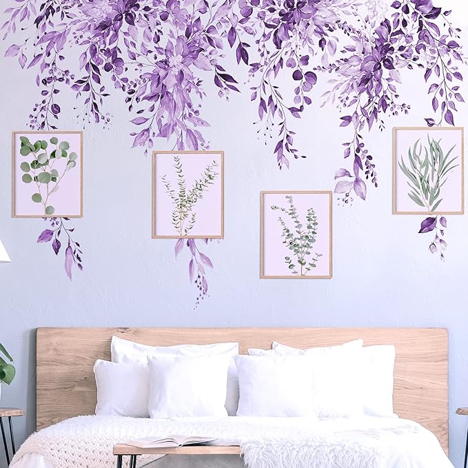 Purple Plants Leaves Wall Decals Peel and Stick, Large Floral Flowers Wall Stickers, Removable Vine Home Decor Art for Bedroom Living Room Classroom Office