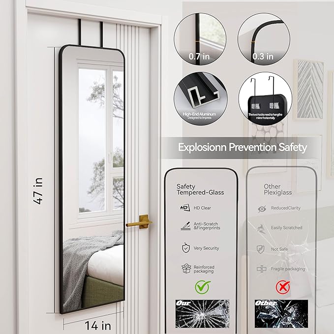 47x14 Mirror Full Length Door Hanging Wall Mounted Aluminum Alloy Metal Frame Dressing Make-up Save Space Half Body Mirrors for Entryway Bedroom Bathroom Living Room 47 inch Black