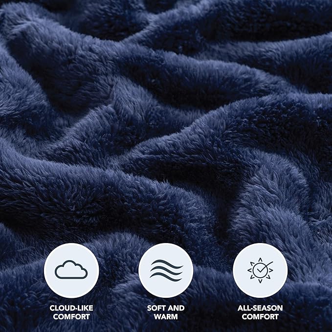 Berkshire Blanket Classic Extra-Fluffy™ Plush Throw Blanket, Soft Fuzzy Fluffy Long Hair Throw Blanket for Couch Sofa Bed, Atlantis Dark Blue, 50x60 Inches