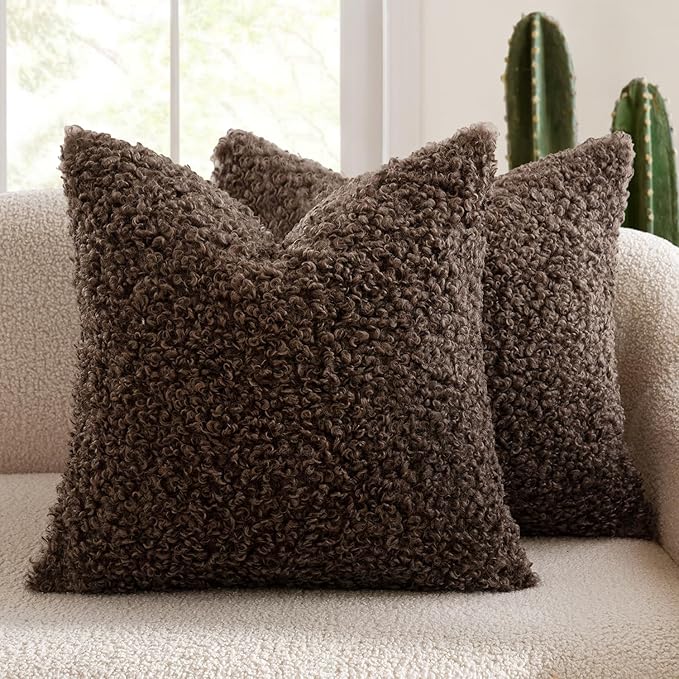 MIULEE Pack of 2 Throw Pillow Covers 16x16 Inch Chocolate Faux Fur Decorative Sherpa Pillow Covers Fuzzy Accent Soft Sheepskin Fleece Cushion Cases for Boho Home Decor Couch Living Room Bed