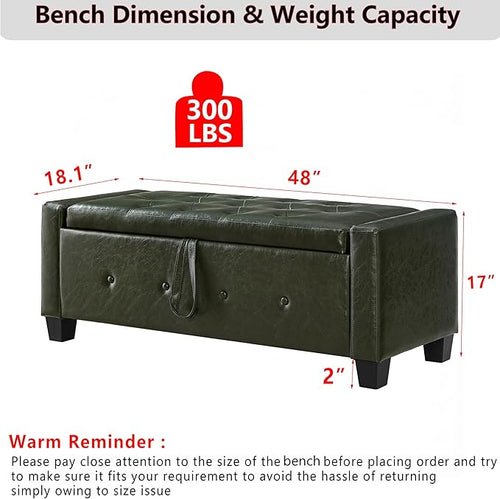 48" PU Leather Storage Ottoman Bench for Bedroom Bed End,Tufted Faux Leather Ottomans with Storage for Living Room,Bedside,Entryway,Modern Window Benches with Seating (PU Green, 48")