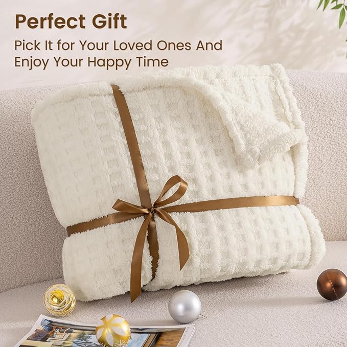 David's Home Ultra Soft Fleece Blanket King Size for Bed, Plush Shaggy Fluffy 3D Jacquard Waffle Throw for Couch, Warm Lightweight for Fall Winter,Fuzzy Aesthetic Room Decor,108x90 inches,Cream