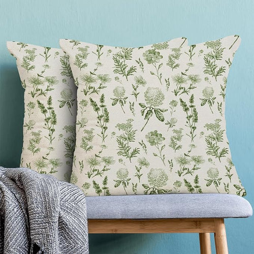 AEIOAE Sage Green Spring Pillow Covers 20x20 Inch Set of 2, Wild Flower Leaves Plant Throw Pillows Case,Seasonal Floral Outdoor Decorative Farmhouse Decor Cushion Covers for Home Sofa Bed Couch