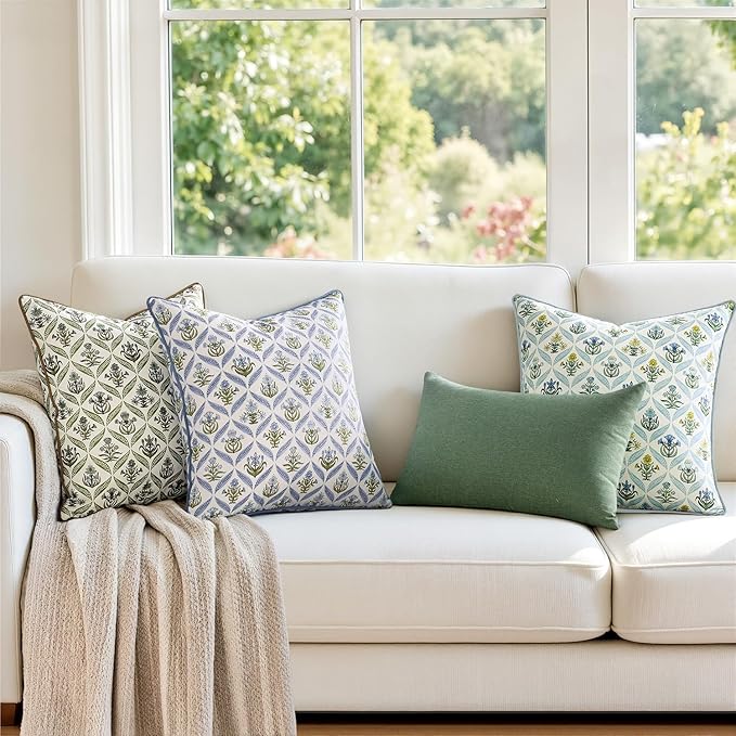 MIULEE Floral Throw Pillow Covers 18x18 Set of 2 Light Blue Spring Decorative Block Print Cotton Cushion Covers for Couch Living Room, Modern Outdoor Sofa Vintage Garden Pillowcases Home Decor