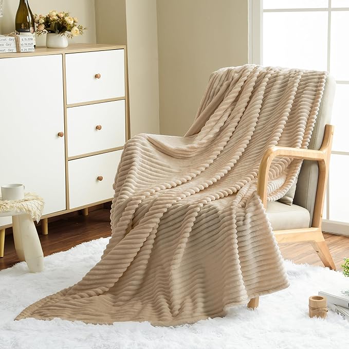 Vessia Flannel Fleece Twin Blanket for Couch,Sofa,Bed, 300GSM Striped 60x80inch Camel Blanket for Adults and Kids, Super Soft Warm Cozy Lightweight Ribbed Brown Throw for All-Season