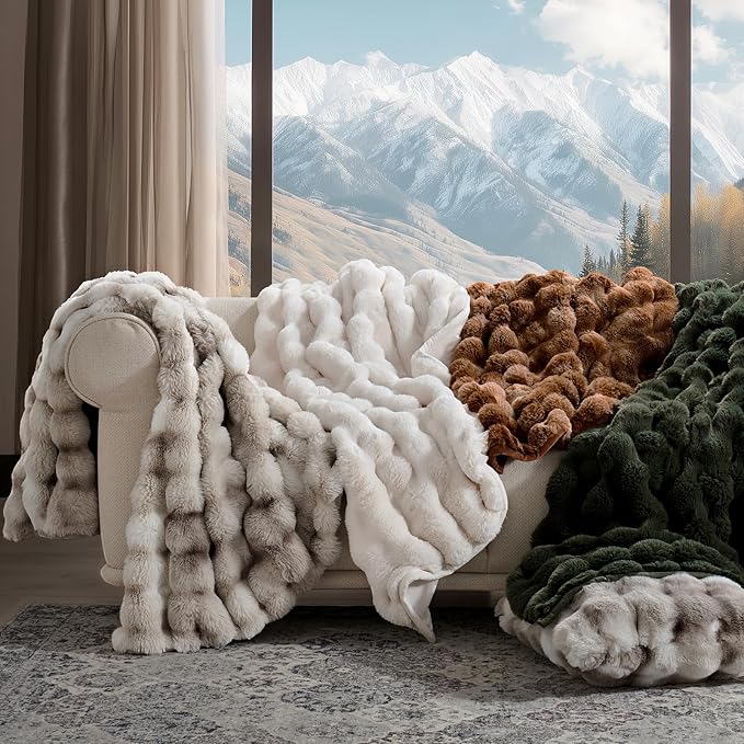 EverGrace Ultra Soft Luxury Fluffy Faux Rabbit Fur Throw Blanket, Thick Warm Bubble Throw for Bed, Cozy Plush Reversible Blankets for Couch, Chair, Sofa, Green, 60x80 Inches