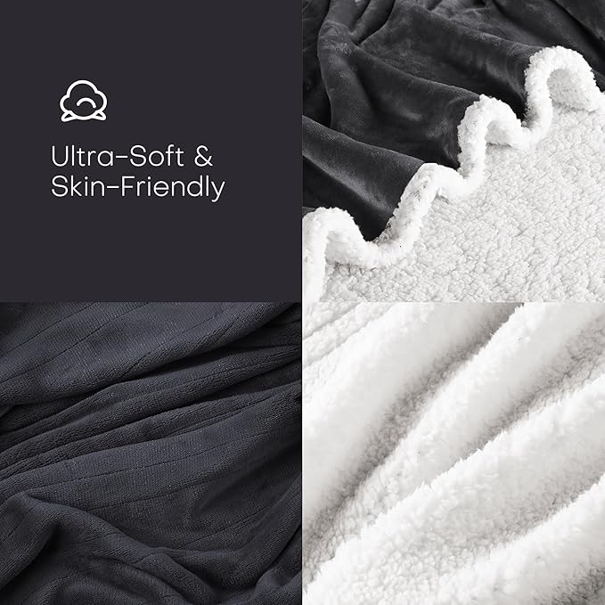 Electric Heated Blanket Twin Size 62"x84" - Flannel & Sherpa Fabric Dual-Sided, 6 Heat Settings & 10 Hours Auto Off, Soft & Cozy Warming Throw for Home, Office, or Bed, Machine Washable, Iron Gray