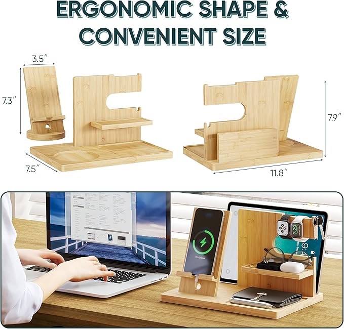Valentine's Day Gifts for Men Wood Phone Docking Station with Separate Phone Stand, Bedside Desk Organiser and Key Holder Anniversary Birthday Presents for Dad Husband Boyfriend Son Natural