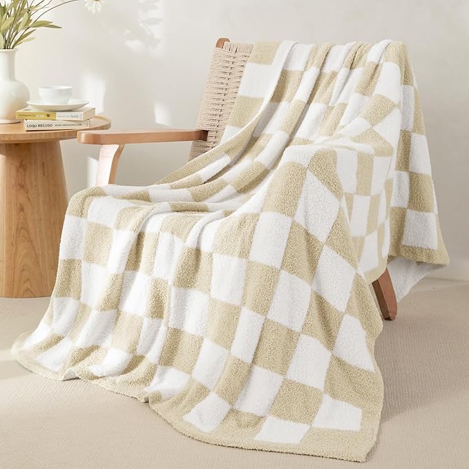 Whale Flotilla Checkered Knit Throw Blanket, Ultra Soft Warm Reversible Cozy Decorative Blankets for Couch Sofa and Bed, 50x60 Inch, Camel