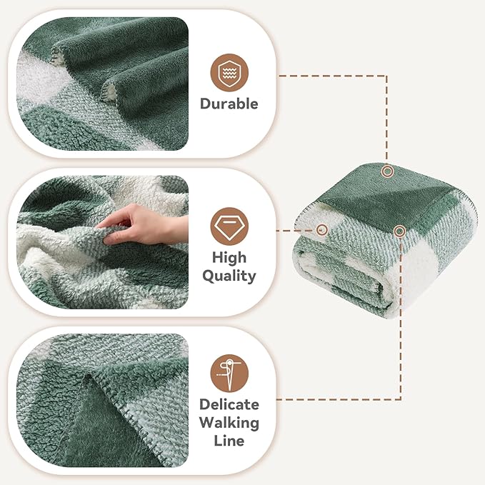 LURKA Checkered Sherpa Fleece Throw Blanket – Soft and Cozy, Medium Weight for All Season, Plush Throw for Couch, Bed & Pets, Sage, 50x60 Inches