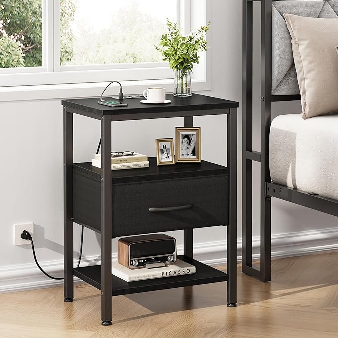 DUMOS Bedside Table with Charging Station and Adjustable Fabric Drawer Compact Nightstand 3-Tier Storage Organizer End Table for Bedroom,Black