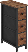Narrow Side Table with 3 Fabric Drawers, Industrial Slim Bedside Table for Small Spaces, Bedroom, Living Room, Dormitory, Rustic Brown and Black TBZ09BF