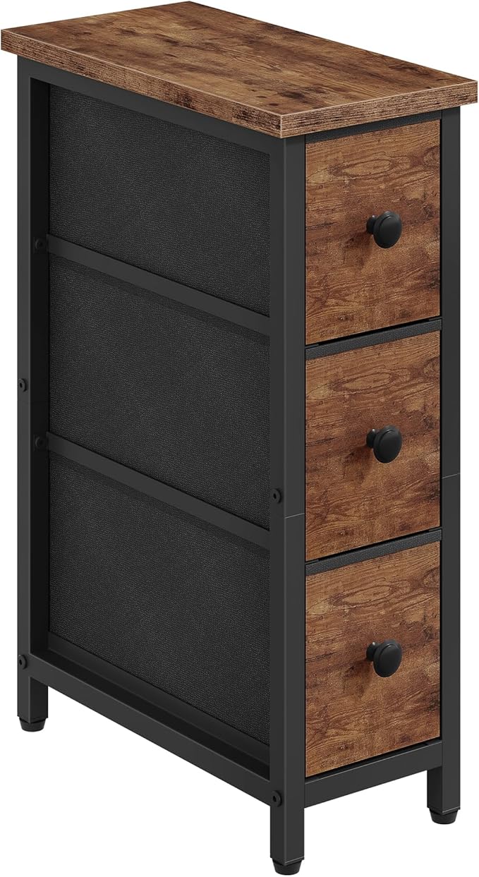 Narrow Side Table with 3 Fabric Drawers, Industrial Slim Bedside Table for Small Spaces, Bedroom, Living Room, Dormitory, Rustic Brown and Black TBZ09BF