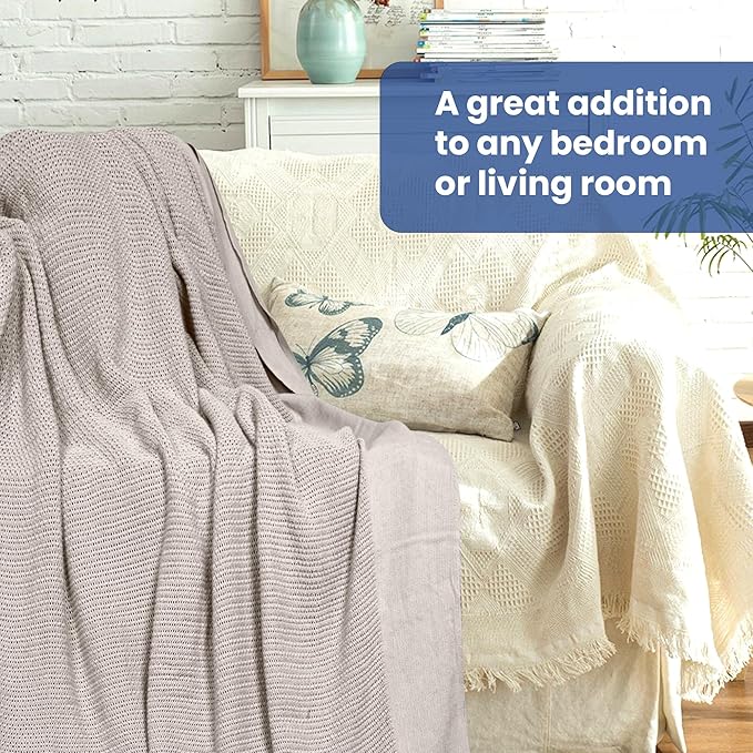 Linteum Textile Supply Leno Weave Taupe Blanket, Queen 100% Cotton, Lightweight, Warm, Fluffy, Premium and Durable Soft & Cozy Bed Blanket for Home, Couch, Sofa & Dorm, All Season Throw [90x90]