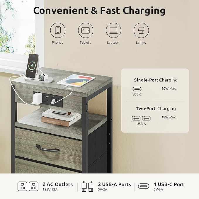 NightStand Bedside Charging Table Bedroom - Night Stand with Charger Station, Modern Nightstand with Open Shelf & 2 Fabric Drawers, End Table with USB-C USB Ports & AC Outlets for Dorm, Grey