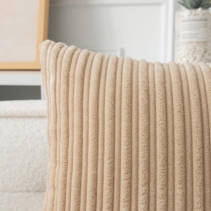 UGASA 14x24 Inch Pillow Cover Pack of 1 Soft Boho Stripe Corduroy Long Rectangular Lumbar Cushion Cover Farmhouse Decorative Throw Pillowcase for Bed, Couch, Sofa, Bedroom, Living Room, Beige