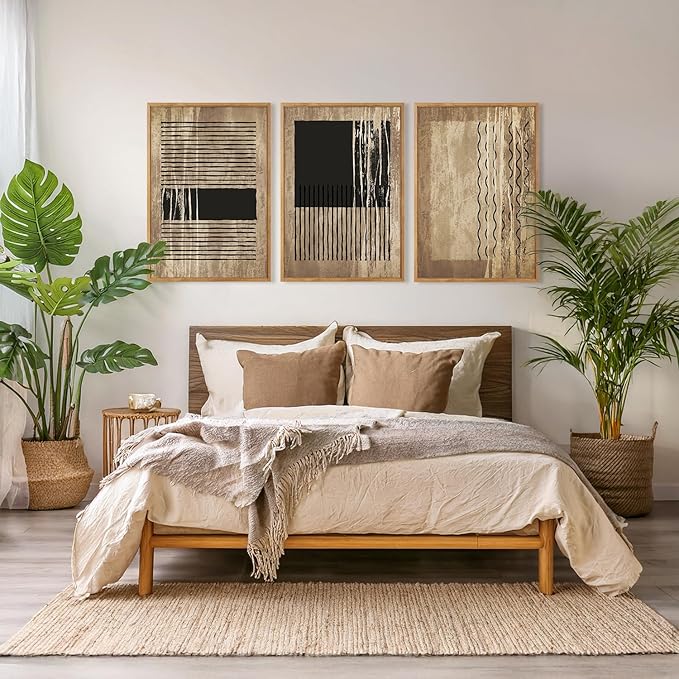 CHDITB Abstract Lines Framed Canvas Wall Art Set Of 3, Minimalist Wall Decor, Modern Inspired Geometric Wall Painting, Neutral Toned Abstract Art Prints for Living Room Bedroom Decor (12X16 Inch)