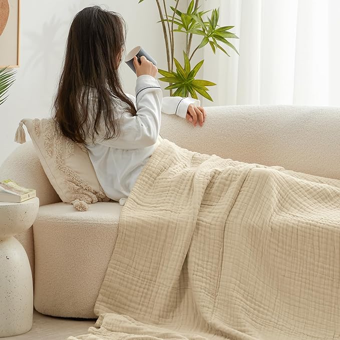 Love's cabin 100% Cotton Muslin Blanket, 6 Layer Lightweight Breathable Gauze Large Throw Blanket 50 x 70 Inches, Soft Cooling All Season Blanket for Couch or Sofa, Khaki