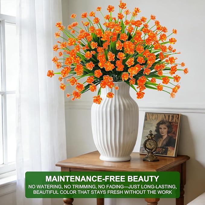 20 Bundles Artificial Flowers for Outdoors Spring Summer Decor-UV Resistant Fake Mums Faux Plants Plastic Flowers Greenery for Home Porch Gardens Fireplace Patio Indoor Outsides Decor(Orange Red)