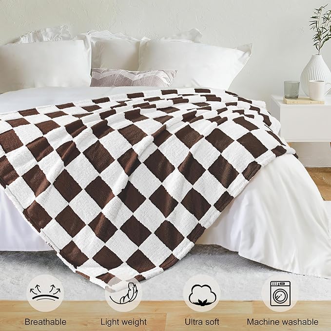 Exclusivo Mezcla Fleece Blanket King Size, Cozy Lightweight Fuzzy Checkered Blanket for Bed, Suitable for All Seasons, Coffee, 90" x 104"