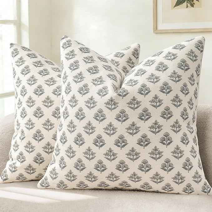 YCOLL Farmhouse Floral Print Throw Pillow Covers 20x20 Set of 2, Rustic Decorative Cushion Covers for Sofa Couch Bed Living Room, Vintage Floral Patterned Cottage Home Decor, Warm Gray