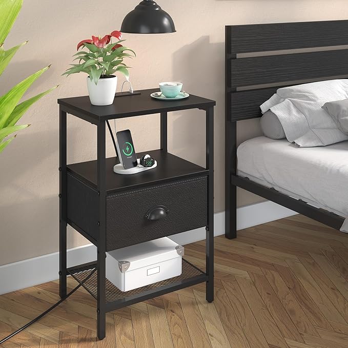 Nightstands Set of 2, Black Night Stands with Charging Station, Bedside Tables with Drawers PU Finish, 2-Tier Side Table with Open Shelf, Nightstands with Drawer,Black