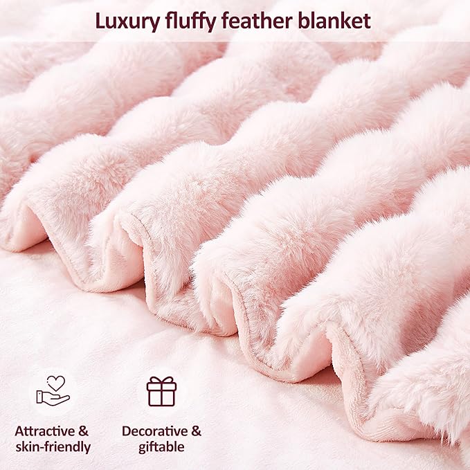 DREAMNINE Large Soft Thick Fuzzy Bubble Faux Rabbit Fur Bed Blanket Full Size 70" x 80",Lovely Big Warm Shaggy Fluffy Blankets for Winter,Solid Luxury Cozy Cute Bumpy Furry Blanket for Bed Adult,Pink