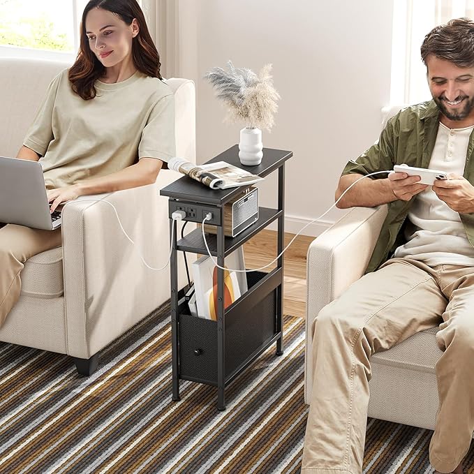 Narrow Side Table with Charging Station and LED Light, Small End Table with 1 Fabric Drawer, Skinny Nightstand with USB Ports & Type-C, Slim Side Table for Bedroom, Living Room, Black
