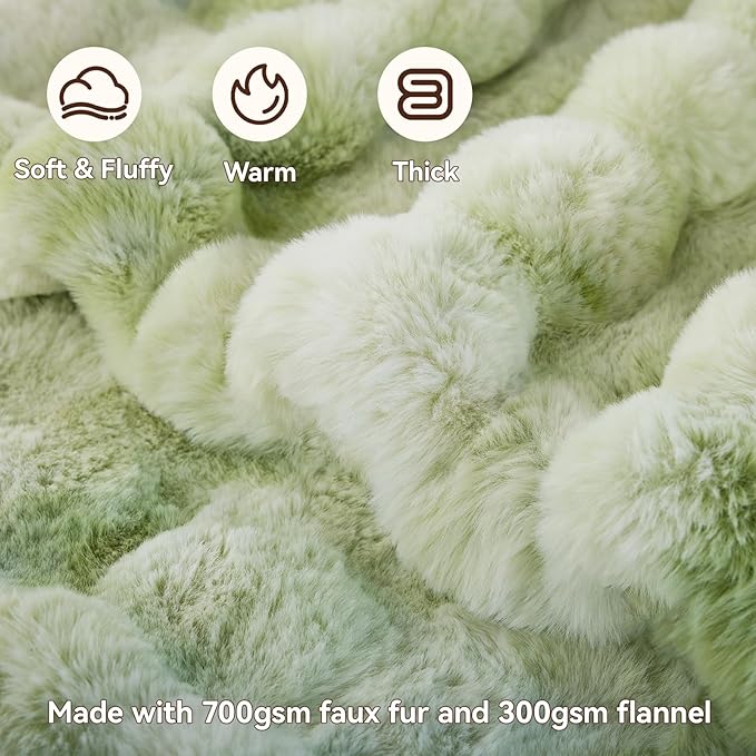 Faux Fur Throw Blanket, 1000GSM Fluffy Soft Bubble Blanket for Couch Bed, Cozy Plush Warm and Thick Blanket, Fuzzy Rabbit Throw for Living Room Bedroom 60''*80'' Green
